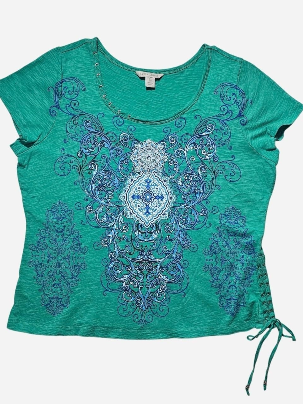 Laura Ashley Teal Short Sleeve Scoop Neck Top with Blue Ornamental Medallion
